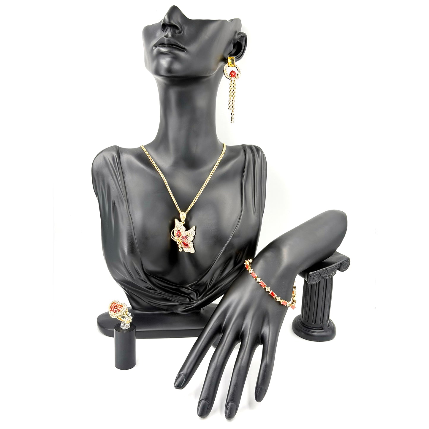 Set de cadena con dije, zarcillos, anillo, brazaletes de oro laminado alta calidad